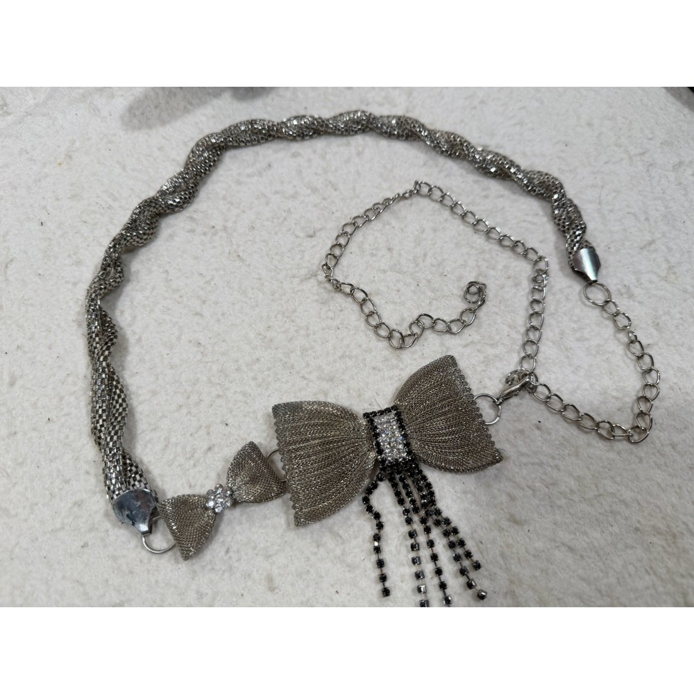 Silver Mesh Bow Chain Belt Black Rhinestone Fringe Y2K Glam Waist 26 To 48